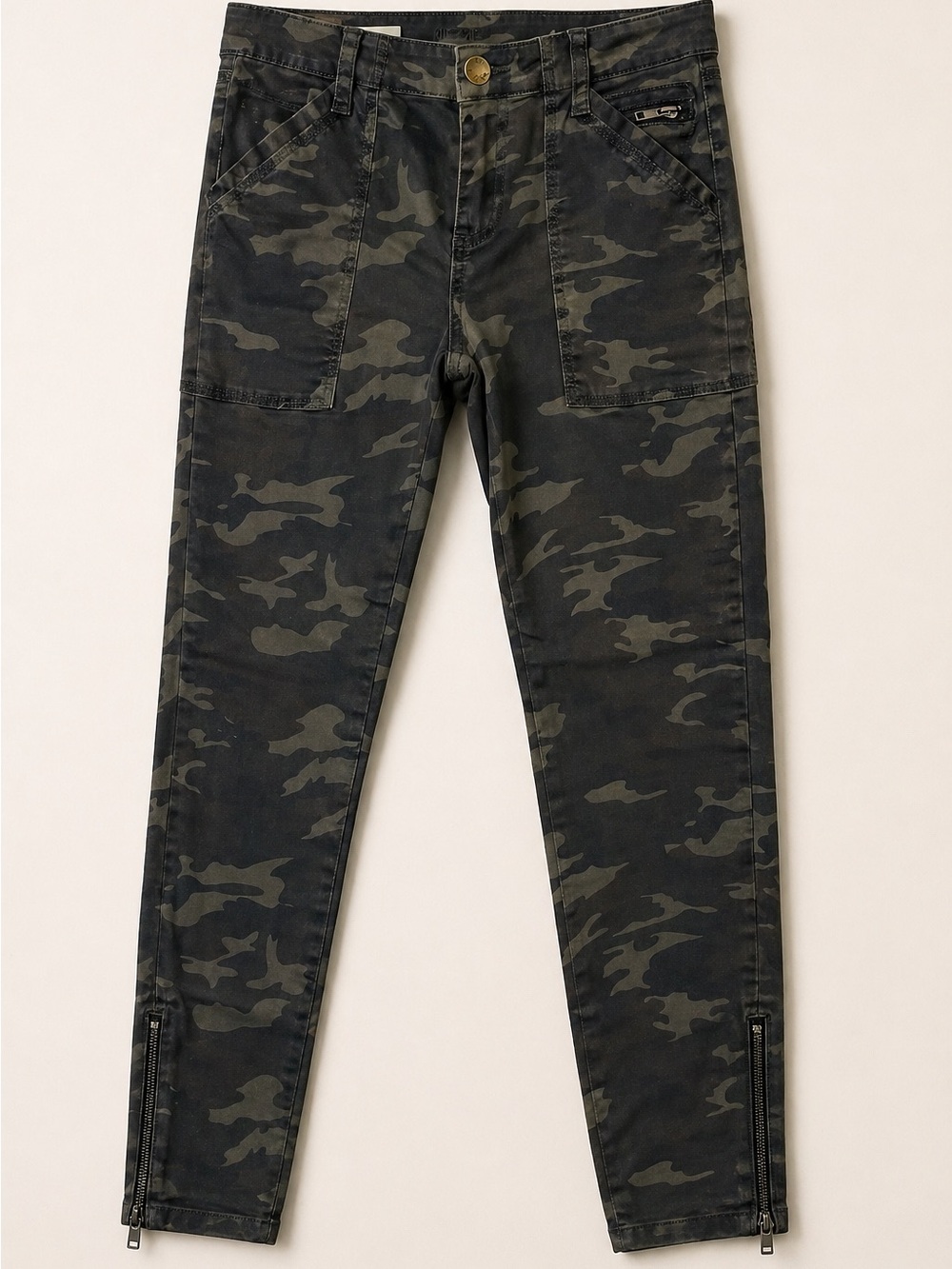Kut from the Kloth Camo Skinny Pants Women Size 2 Olive Green Ankle Zip Stretch